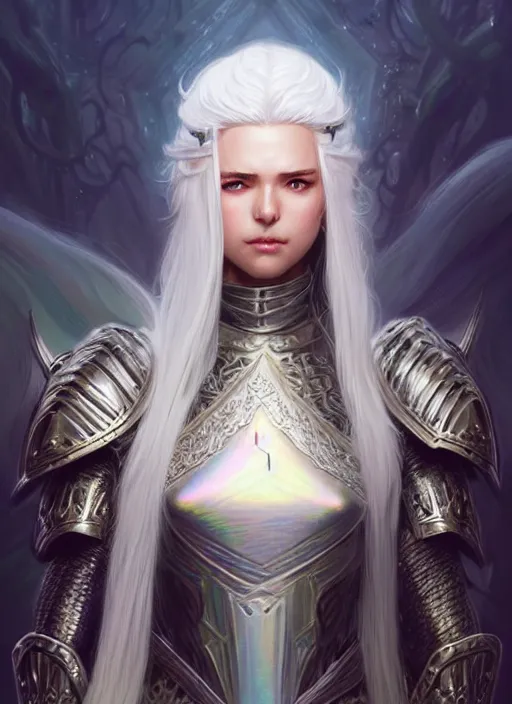 Image similar to light iridescent armor!!! long wild white hair!! covered chest!!! fantasy, d & d, intricate ornate details, digital painting, pretty face!!, symmetry, concept art, sharp focus, illustration, art by artgerm! greg rutkowski magali villeneuve wlop! ilya kuvshinov!!, octane render