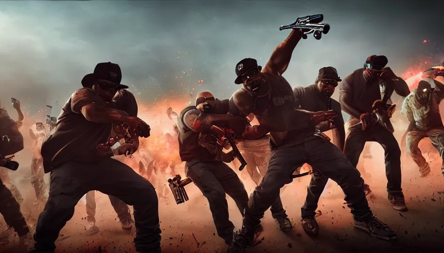 Image similar to full - body action shot of a gangsta rap group n. w. a. fighting a horde of zombies, in the style of boondocks, mist, epic, cinematic, volumetric lighting, symmetry, fantasy style, highly - detailed, unreal 5, realism,