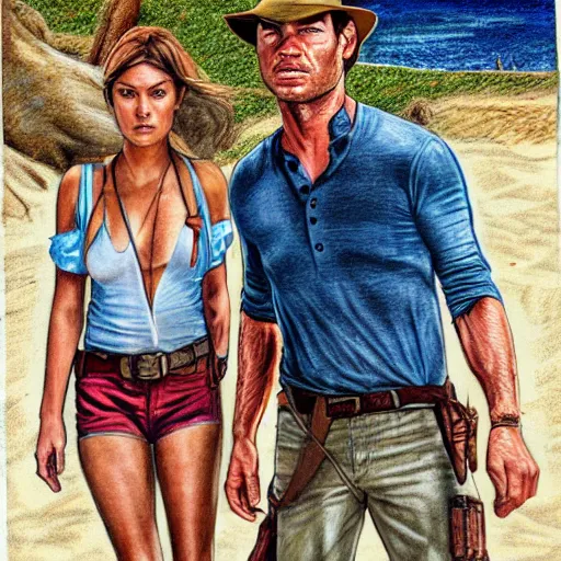 Prompt: dexter Morgan and Indiana jones go to the beach, portrait, highly detailed, colored pencil