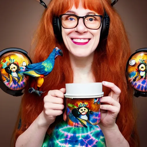 Image similar to a stunning hyper-detailed portrait photo of a beautiful smiling bespectacled woman with long auburn hair and bangs, wearing a tie-dye t-shirt, wearing steampunk headphones and posing with her raccoons and parrots in an overstuffed easy chair in her sunlit living room, holding a coffee cup and a donut and smoking an elaborate hookah, perfect eyes, octane render, unreal engine, 85 mm lens,