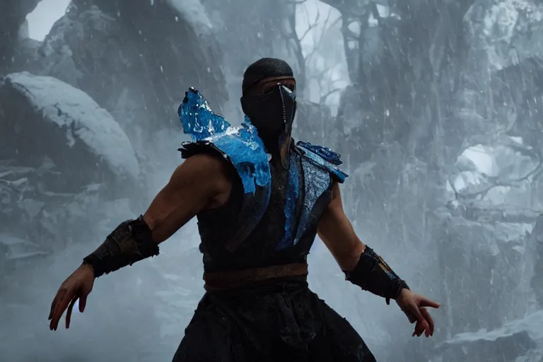 Image similar to vfx movie closeup, sub zero mortal kombat by emmanuel lubezki