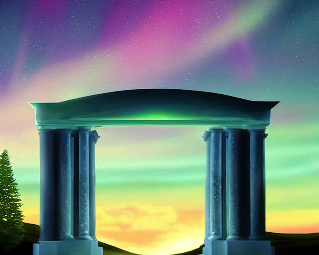 Prompt: Magical portal gate leading to breathtaking Paradise, with Aurora Borealis in the sky, by John Avon and René Magritte, digital art