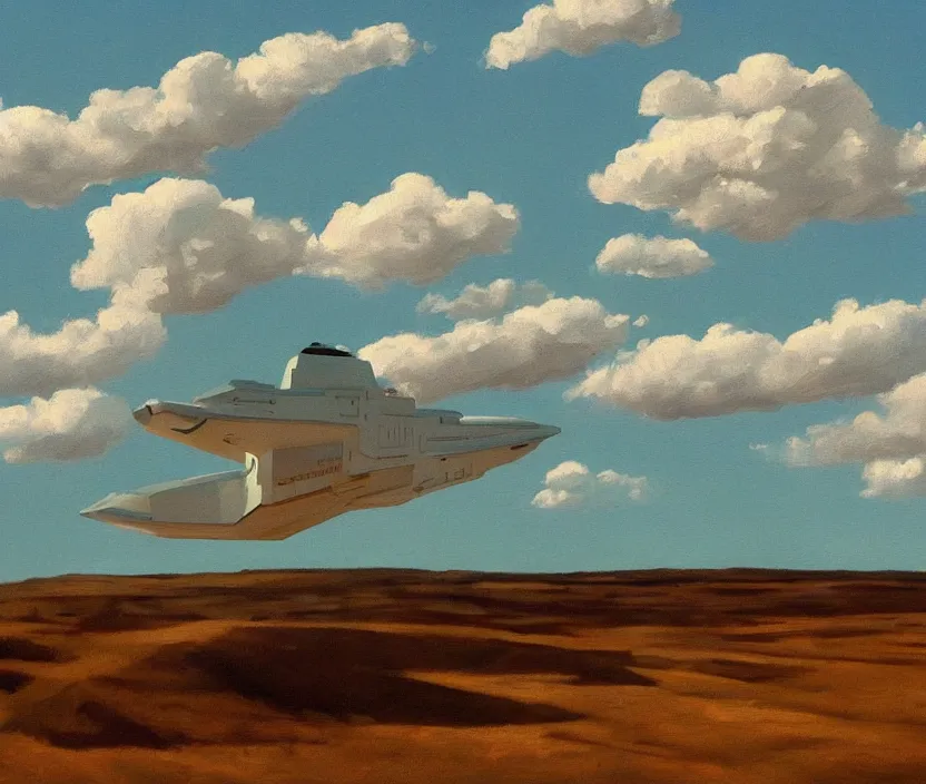 Image similar to a very detailed painting of a spaceship in the sky, spaceship in the style of shaun williams on artstation, baby blue sky with very aesthetic clouds, in the style of edward hopper and huggo pondz, very fine brushstrokes, 4 k,