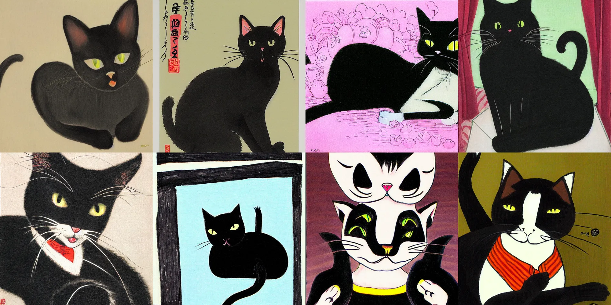 Prompt: black cat by by tsuguharu foujita