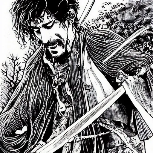 Prompt: Frank Zappa golden Vagabond magic swordsman!!!! glides through a beautiful battlefield. Full body portrait!!! Graphic Novel Panel!!! magic the gathering dramatic esoteric pen and ink illustrated in high detail by Hiroya Oku!!!!!!!, Moebius, and Tatsuki Fujimoto!!!!! shonen jump 2002