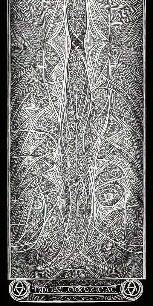 Prompt: a beautiful black and white fractal tarot card featuring bold occult imagery with clean lines. haeckel. detailed adult coloring book