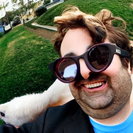 Image similar to Eric Wareheim with a corgi, fisheye lense