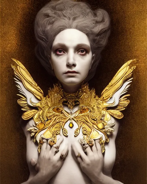 Prompt: concept art, angel woman, beautiful, frank frazetta, ornate, art nouveau, symmetrical, gold jewelry, high contrast, unbiased render, Emil melmoth, eerie, haunting, victorian, 8k, octane render, style of Gustav Klimt, head and shoulders