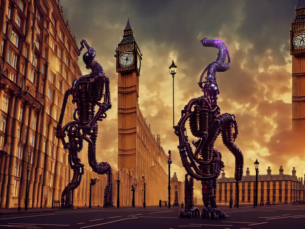 Prompt: a giant ancient beautiful cyborg of the elder gods with pipes and tubes in the city of London, an image of a beautiful cyborg, a beautiful cyborg, a cyborg, London streets with bigben in the background, colourful, dramatic lighting, golden hour, very detailed octane render very realistic beautiful