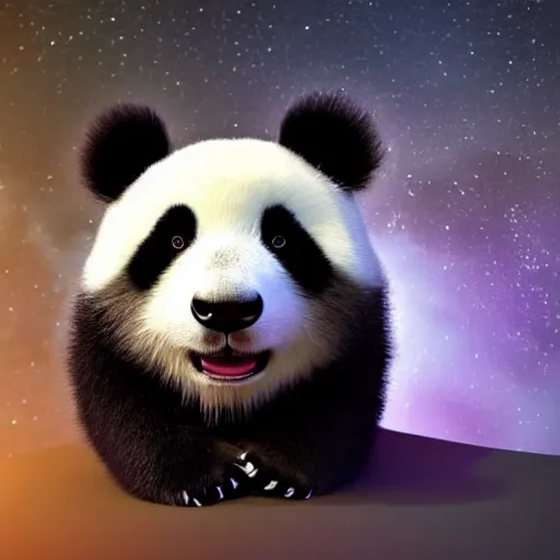 Prompt: A cute fluffy panda with very soft fur, huge cute eyes, glassy eyes, the galaxy is visible in the eyes + 2 big eyes + 2 mouth + 2 long ears + quantum world background + 3d render + lots of fuzzy soft fur