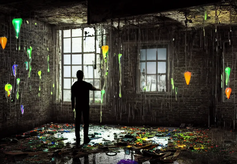 Image similar to a sad man in the center of the room looks out the magic window behind which is the old ruined city, toxic colorful slime and debris pouring from the ceiling in a large gothic cracked steampunk room spilling over the transparent floor and splashing large glowing luminescent neon drops, field - blur, floodlight, argand lamp, 4 k