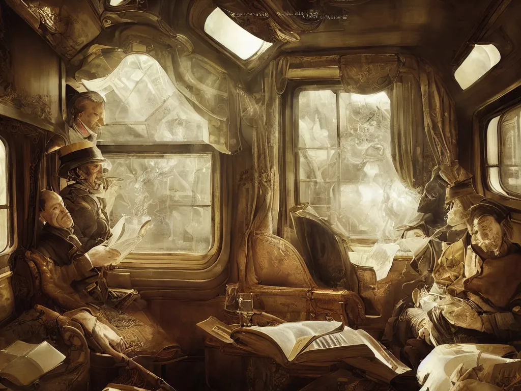 Image similar to detailed painting of a magical book laying open on the seat of a train car by Pieter Claesz and Krenz Cushart, fantasy, dramatic light