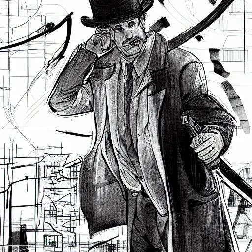 Image similar to a haggard detective in a trenchcoat scanning a crimescene, sketchy artstyle, digital art, dramatic, thick lines, rough lines, line art, cinematic, trending on artstation