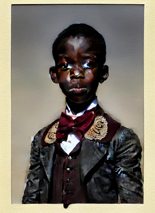 Prompt: a portrait of an african boy with a crooked nose in victorian clothing, confident pose, intricate, elegant, sharp focus, illustration, highly detailed, concept art, matte, trending on artstation, anime, art by james jean and artgerm and brian despain and alberto mielgo, greg rutkowski, wlop, ilya kuvshinov, strong strokes