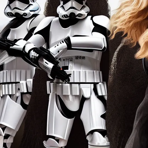 Prompt: 5 foot 1 0 fit man with short black beard and medium black well styled hair and 5 foot 7 woman with medium long dirty blonde hair with slightly wavy tendrils surrounding the face being captured by stormtroopers, highly detailed, high definition, ultra realistic