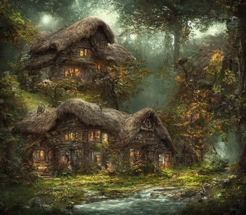 Image similar to a cottage in the woods, fantasy art, detailed, hyper realistic, cinematic