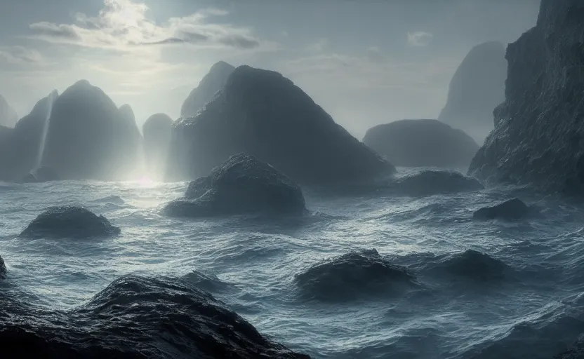 Prompt: dolphins, directed by charlie kaufman ( 2 0 0 1 ) anamorphic lenses, a rocky shore in the foreground, foggy volumetric light morning, a beam of light from the heavens, cinematic trending on artstation in the style of greg rutkowski