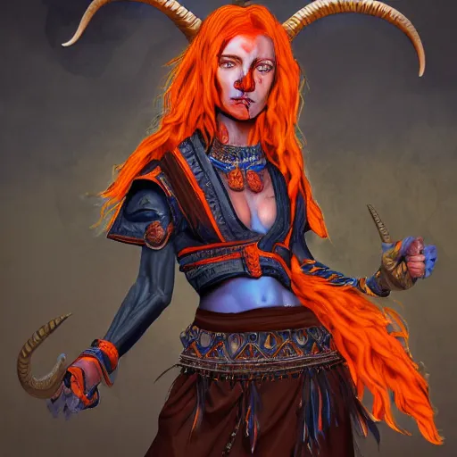 Image similar to illustrated portrait of skinny prominently ram-horned woman with orange skin and blue hair wearing leather armor, hyper detailed, photorealistic