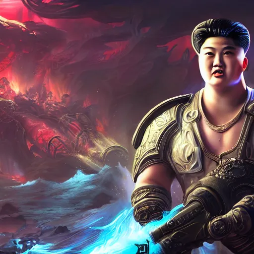 Prompt: kim - jong un as a spellcaster, league of legends amazing splashscreen artwork, gears of war, propaganda, sovjet, splash art, natural light, elegant, photorealistic facial features, intricate, fantasy, detailed face, atmospheric lighting, anamorphic lens flare, cinematic lighting, league of legends splash art, hd wallpaper, ultra high details by greg rutkowski