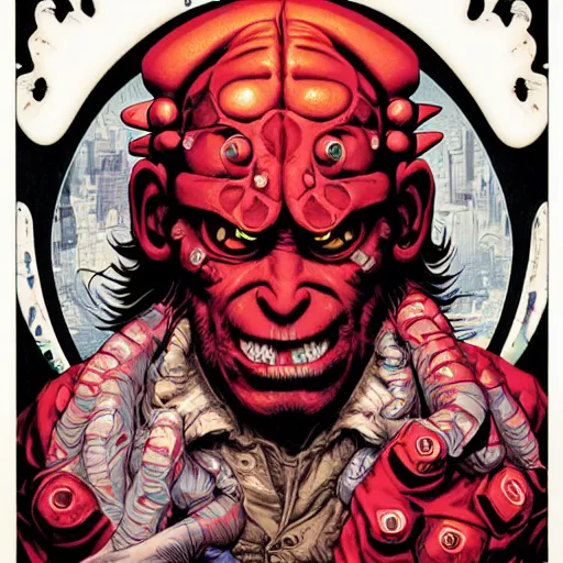 Image similar to portrait of crazy hellboy, symmetrical, by yoichi hatakenaka, masamune shirow, josan gonzales and dan mumford, ayami kojima, takato yamamoto, barclay shaw, karol bak, yukito kishiro