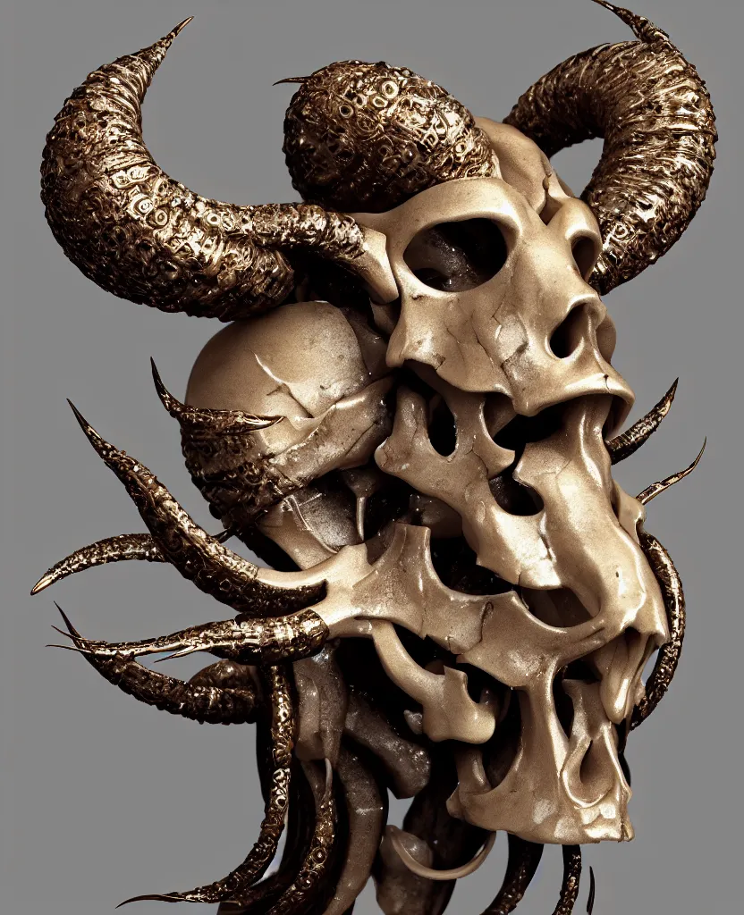 Image similar to goddess princess face close-up portrait ram skull. sculpture made of black clay and gold. jellyfish phoenix head, nautilus, orchid, skull, betta fish, bioluminiscent creatures, intricate artwork by Tooth Wu and wlop and beeple. octane render, trending on artstation, greg rutkowski very coherent symmetrical artwork. cinematic, hyper realism, high detail, octane render, 8k