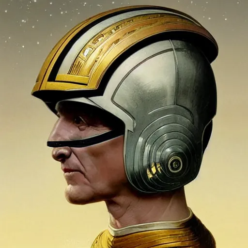 Image similar to STAR TREK Gucci racer helmet designed in ancient Greece, (SFW) safe for work, photo realistic illustration by greg rutkowski, thomas kindkade, alphonse mucha, loish, norman rockwell