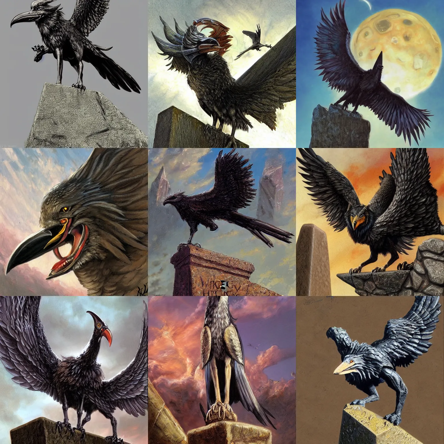 Prompt: a winged wolf with the beak of a crow perched on top of a stone obelisk, medium shot, photorealistic, art by Ralph Horsley and James Gurney