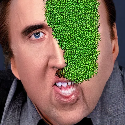 Image similar to nicolas cage trapped in a wicker cage with peas on his face, dying