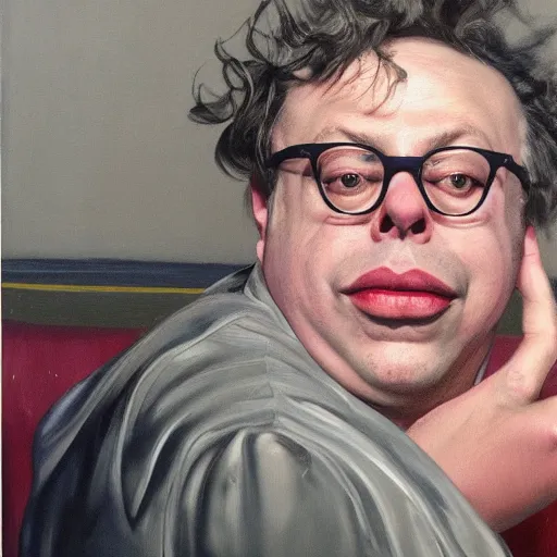 Prompt: high quality high detail painting of todd solondz portrait, happy, showing strong content, pleasure, or fun ; full of joy, by lucian freud and francis bacon, hd, photorealistic lighting