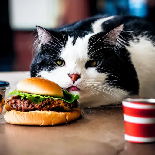 Cat munching on a hamburger