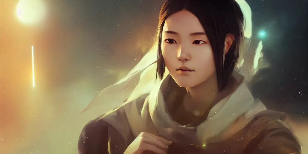 Image similar to Young Tibetan woman, somber white eyes, long, gentle lighting, piloting a small space shuttle, futuristic, dim lighting, digital art by Makoto Shinkai ilya kuvshinov and Wojtek Fus, digital art, concept art,