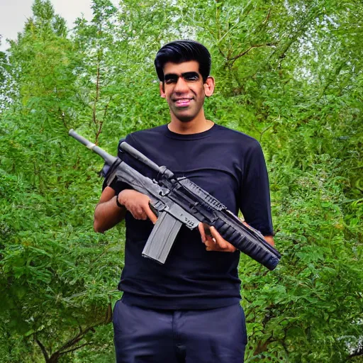 Image similar to Medium shot photograph of Rishi Sunak holding an ar-15, 8k, ultrahd