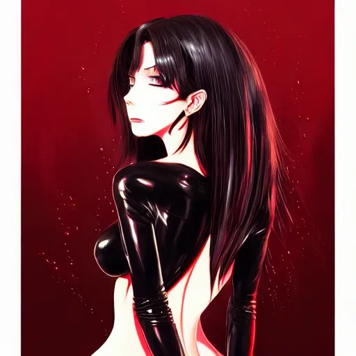 Image similar to beautiful seductive female in black leather skin tight clothes, in the rain in paris, highly detailed, painting, dark red and black color palette, intricate, high quality, anime artstyle, in the style of sana takeda