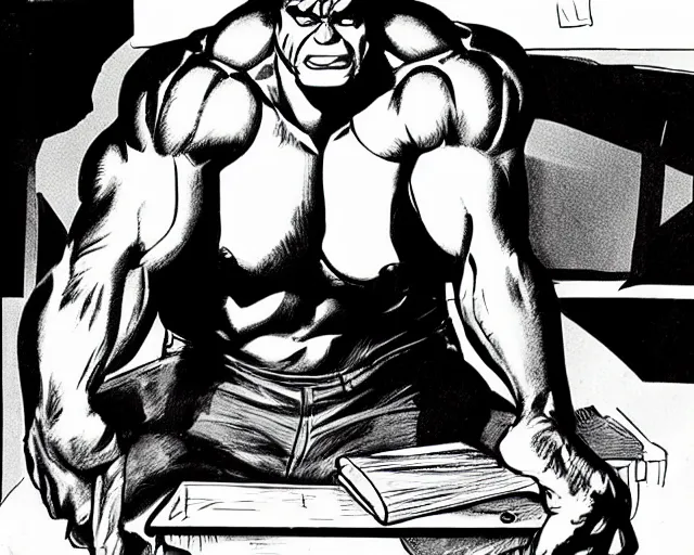 Prompt: The Incredible Hulk as a college student, hunched over a desk as he crams for final exams. Detailed comic book illustration, muscular, angry, frustrated.