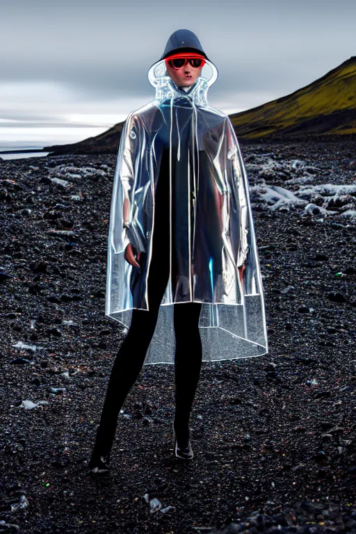 Prompt: an ultra high definition professional high fashion portrait studio full length photograph of a model wearing a transparent pearlescent raincoat and neon visor in an icelandic black rock environment at dawn. no artefacts. extremely detailed. stark. refraction. shallow depth of field. volumetric light and shadow. ray tracing. light rays.