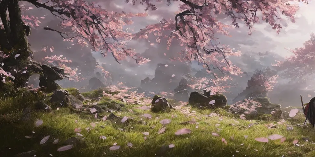 Prompt: an environmental concept art of ghost of tsushima, sakura petals blowing in the wind, highly detailed, directional light, bold colors, cinematic by francis tneh