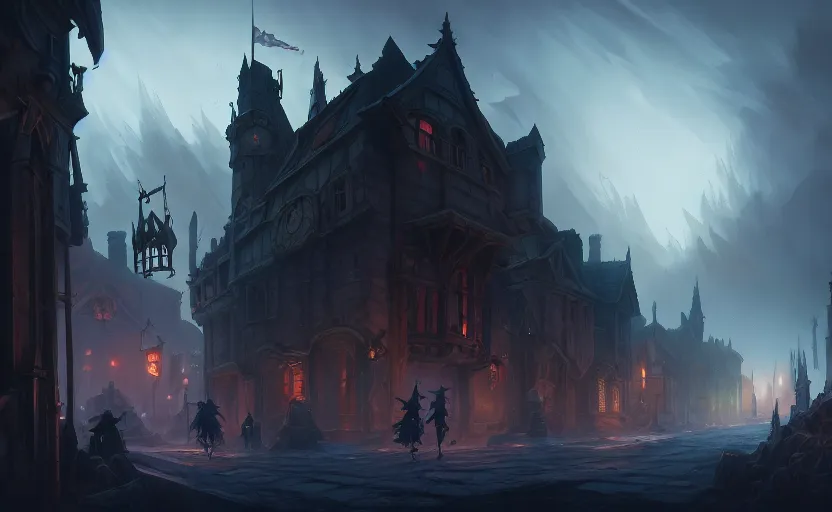 Image similar to extreme long shot concept art depicted old english majestic town, dramatic mood, overcast mood, dark fantasy environment, dieselpunk, art inspired by league of legends and arcane, style by jason engle and jordan grimmer, trending on artstation, unreal engine, golden ratio, spectacular composition