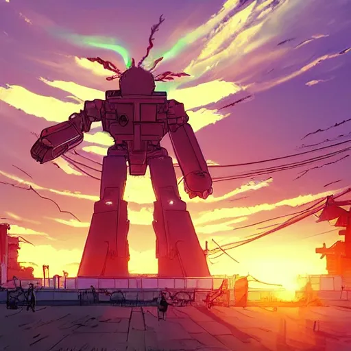 Image similar to the sun is exploding and a giant robot in Northend the italian neighborhood Boston, MA in anime style a epic masterpiece and highly detailed by Makoto Shinkai and Raphael Lacoste
