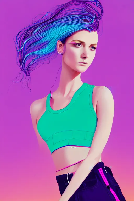 Image similar to a award winning half body portrait of a beautiful woman with stunning eyes in a croptop and cargo pants with ombre purple pink teal hairstyle and hands in pockets by thomas danthony, surrounded by whirling illuminated lines, outrun, vaporware, shaded flat illustration, digital art, trending on artstation, highly detailed, fine detail, intricate