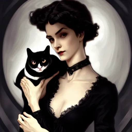 Prompt: an elegant single victorian vampire holding lovingly a black and white domestic cat, portrait, intricate, elegant, highly detailed, digital painting, artstation, concept art, rough, sharp focus, illustration, art by artgerm and greg rutkowski and alphonse mucha and cris ortega and serge birault