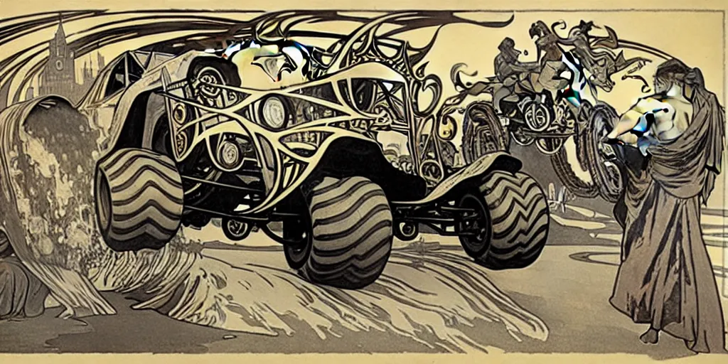 Image similar to monster truck rally, Alphonse Mucha