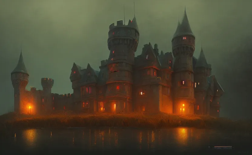 Image similar to an old english castle with moody and cinematic lighting by simon stalenhag and illya repin, cinematic and atmospheric, concept art, artstation, trending on artstation