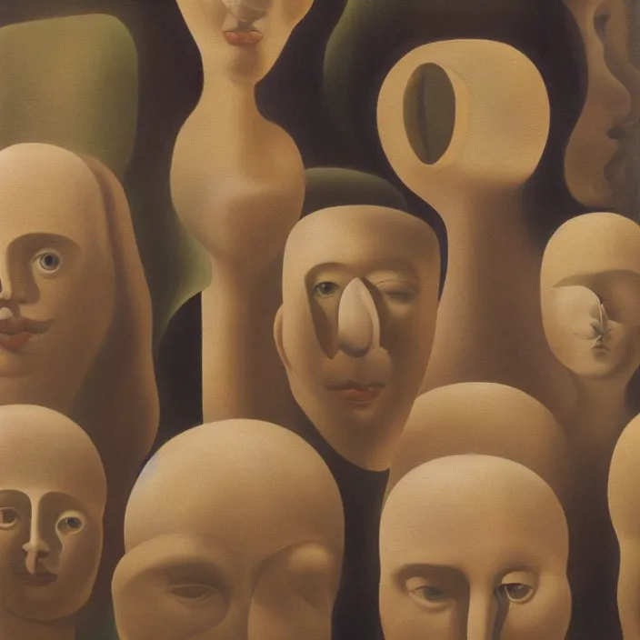 Prompt: group of people pictured in afternoon light, close - up of the faces, anatomically and proportionally correct, surrealist oil painting by dora maar and rene magritte, detailed