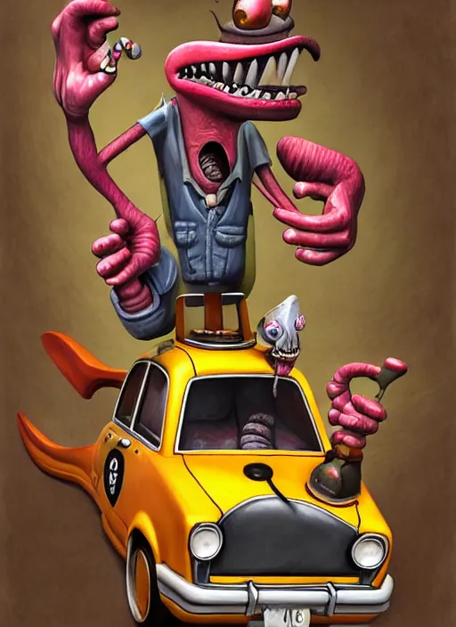 Image similar to an ultra fine detailed painting of an aaahh!!! real monsters taxi driver by james gurney, featured on zbrush central, sots art, behance hd, reimagined by industrial light and magic