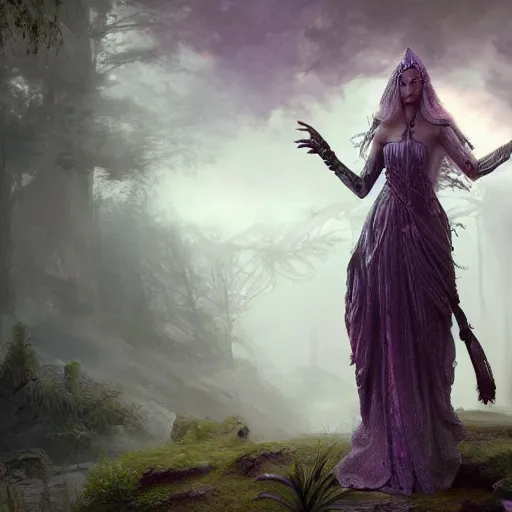 Image similar to picture generation, soft painting curiosities ornaments synthwave, beautiful elven female warrior in full long dress, accurate features, focus, very intricate ultrafine details, black white purple volumetric clouds, award winning masterpiece, octane render 8 k hd, tom bagshaw artstyle, fantasy forest