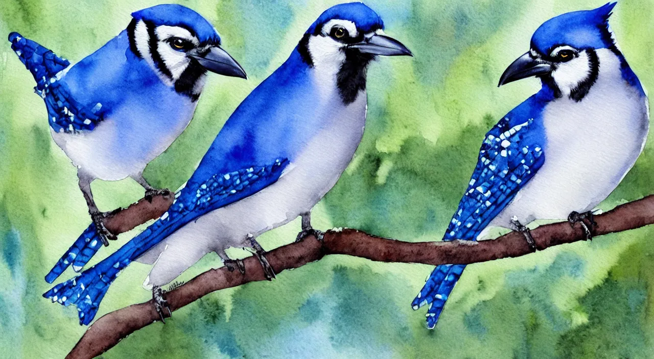 Image similar to watercolor painting of a bluejay + raven, beautiful,