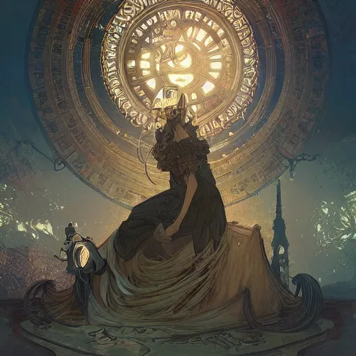 Image similar to Weirdcore Steampunk magician, gorgeous, beautiful, intricate, highly detailed, digital painting, artstation, oppressive lighting, concept art, sharp focus, illustration, art by greg rutkowski and alphonse mucha