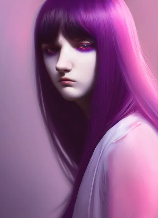 Image similar to hair whitebangs hair, black hair, blackbangswhitehair, portrait of teenage girl with white bangs, red irises, purple clothes, white bangs, bangs are different color from hair, intricate, elegant, glowing lights, highly detailed, digital painting, artstation, concept art, sharp focus, illustration, art by wlop, mars ravelo and greg rutkowski