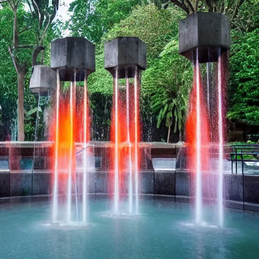 Image similar to magical potions floating in a mystical brutalist space while fountains flow out of oranges