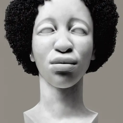 Prompt: a photorealistic all white marble sculpture of a black girl in a afro crying